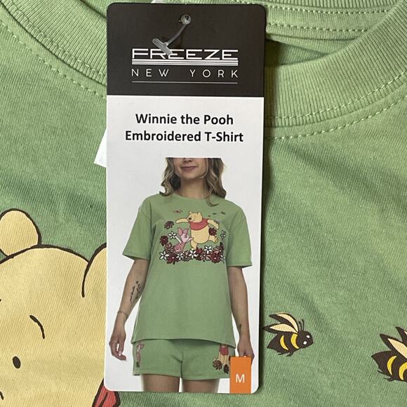 Disney Winnie The Pooh & Piglet Womens Medium Green T-Shirt Embroidered Flowers - Picture 4 of 12